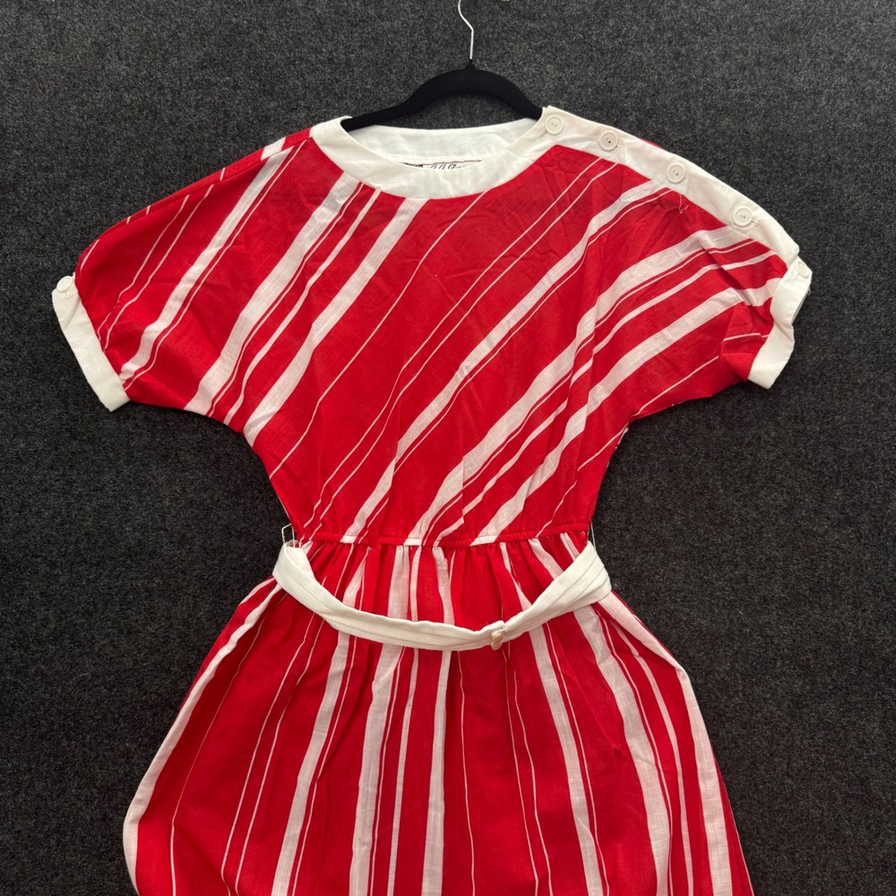 Vintage J.J. Dean of California 70s Red White Striped Belted Midi Dress Womens